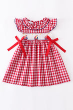Load image into Gallery viewer, Red Plaid Sailboat Smocked Ruffle Dress
