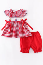 Load image into Gallery viewer, Red Plaid Sailboat Smocked Ruffle Bloomer Set

