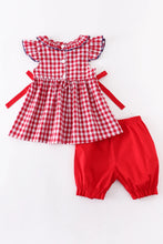 Load image into Gallery viewer, Red Plaid Sailboat Smocked Ruffle Bloomer Set
