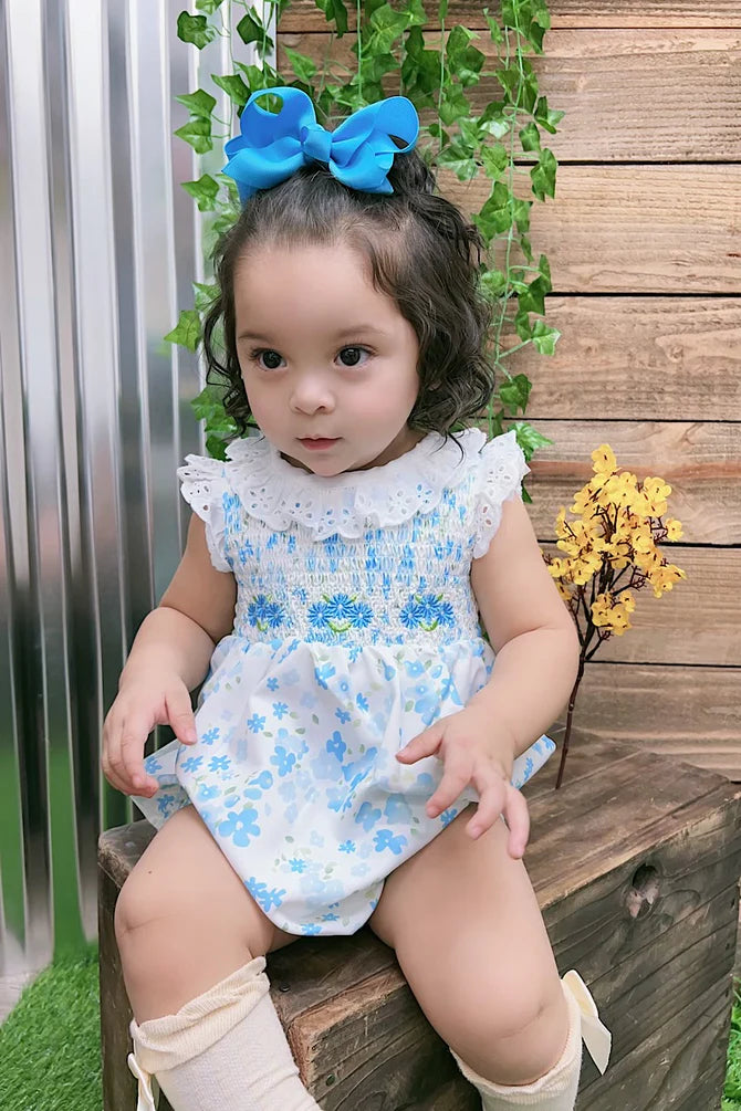 Baby Blue Floral Smocked Bubble