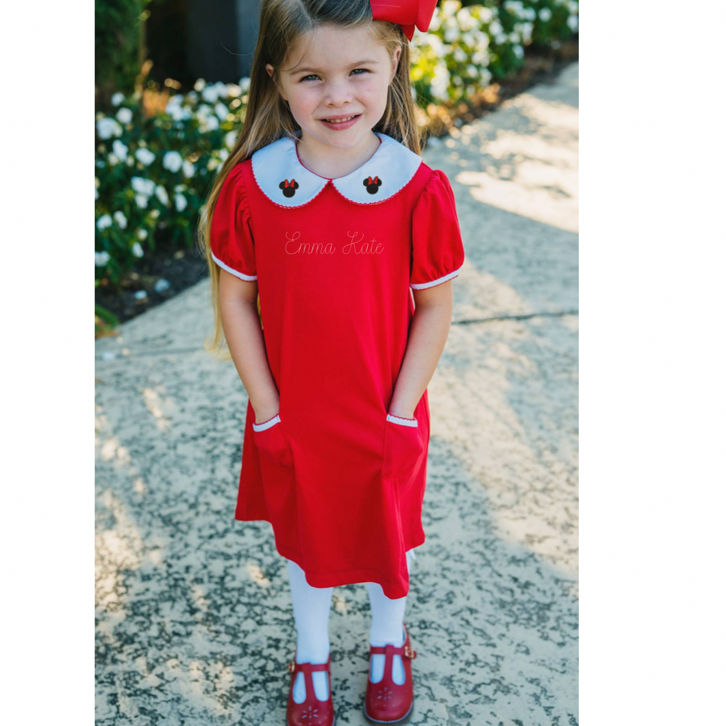 Red Peter Pan Dress with Minnie Embroidey