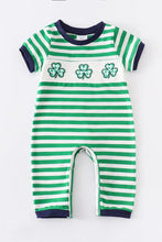 Load image into Gallery viewer, Green stripe shamrock embroidery boy romper
